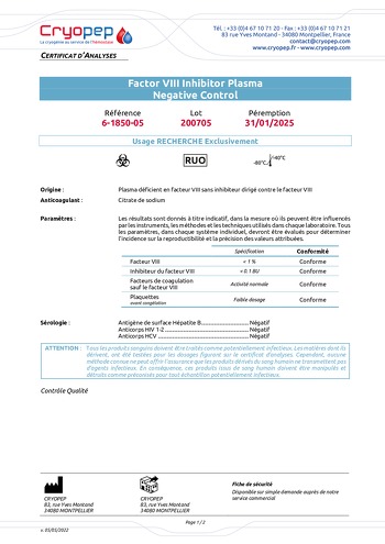 Factor VIII Inhibitor Plasma Negative Control Certificate of analysis